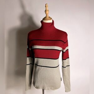 VINTAGE OBERMEYER Kathy Wool Blend Ribbed Knit Red Gray Sweater Medium